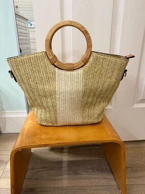 Natural Straw Tote with Wooden Ring Handles